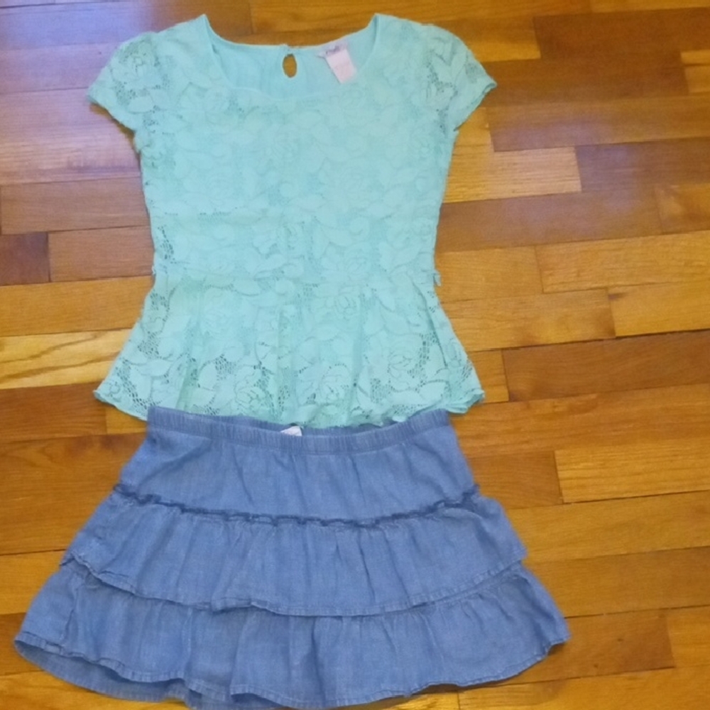 Mint Lace Peplum Top with Tiered Denim Skort, girl large 10/12